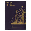 Back of foil-stamped notebook featuring an outline image of the Cutty Sark tea clipper.