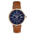 Camden watch with navy face, pale gold details and brown leather strap.