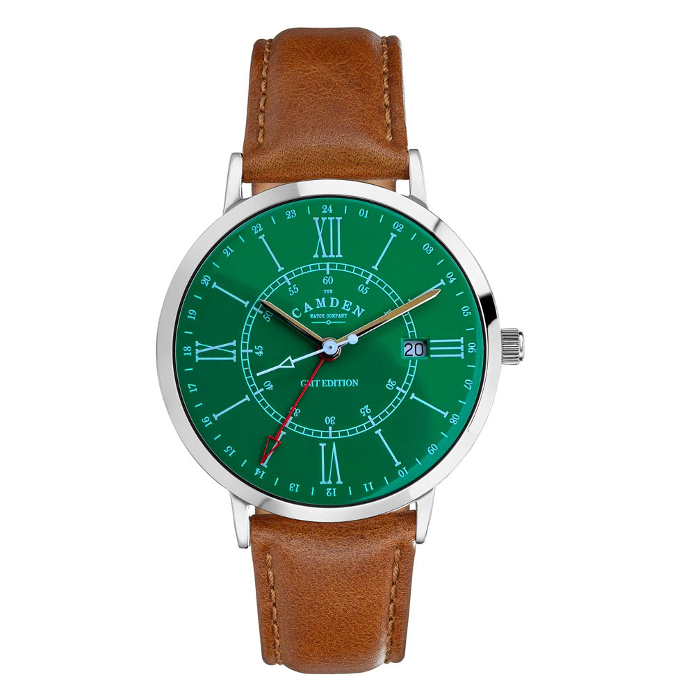 The Camden Watch Company GMT Watch Green Dial with Tan Strap - 