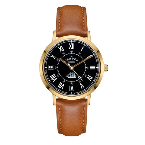 Watch with brown leather strap and black face featuring a white mage of Cutty Sark on the dial