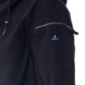 Close-up of a dark navy hooded jacket sleeve showing a zippered pocket with a blue brand patch on the upper arm.