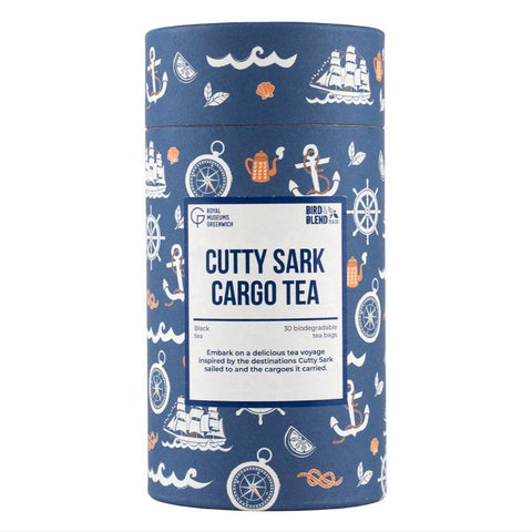 Illustrated blue, white and orange cardboard Cutty Sark Cargo Tea packaging.