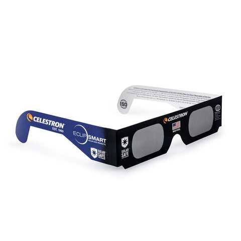 Blue and black cardboard Celestron solar eclipse glasses featuring graphics and logos