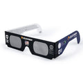 Blue and black cardboard Celestron solar eclipse glasses featuring graphics and logos