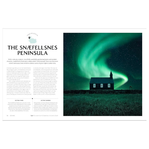 An open book spread featuring an article titled 'THE SNÉFELLSNES PENINSULA' with text on the left and a large photograph of a dark house under green aurora borealis on the right.