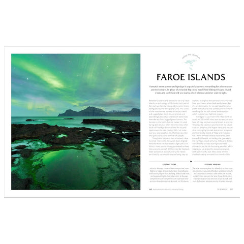 A printed book page featuring a photograph of the Faroe Islands coastline with green aurora lights over the sea, alongside an article titled 'FAROE ISLANDS' with text columns