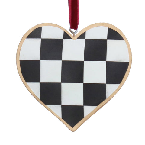 Heart-shaped hanging decoration with black and white check pattern 