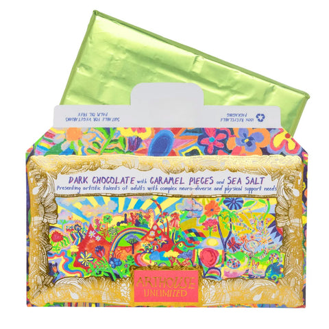 Colorful chocolate bar with artistic design and text