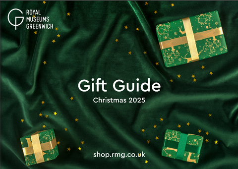 Gift guide for Christmas 2025 with green and gold presents on a green fabric background, featuring Royal Museums Greenwich logo.