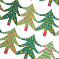 A repeating pattern of stylized Christmas trees in multiple shades of green, decorated with yellow stars, white snowflakes, and pink accents
