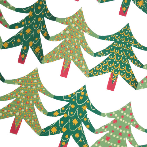 A repeating pattern of stylized Christmas trees in multiple shades of green, decorated with yellow stars, white snowflakes, and pink accents
