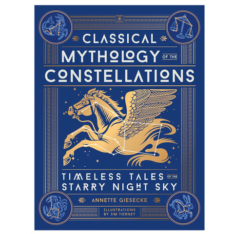 Book cover of 'Classical Mythology of the Constellations' with a winged horse illustration on a blue background.