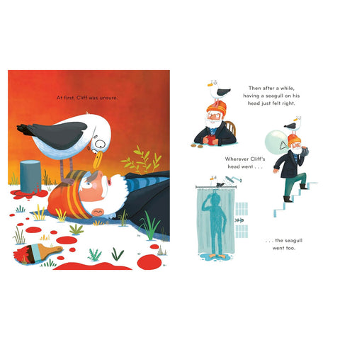 A two-page children's book illustration spread showing a seagull standing on a paint can, and text reading 'At first, Cliff was unsure.' 