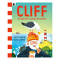 Children's book cover for 'Cliff: The Man with a Seagull on His Head' by Gareth Hopkins & Alex Latimer, featuring a colorful illustrated seaside scene with a man eating fries, a seagull on his hat, a lighthouse, and a bright turquoise sky.