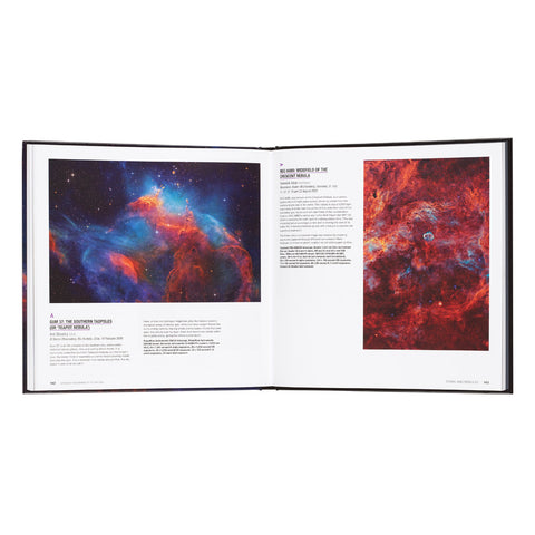 An open hardcover book showing two space-themed spread pages with colorful nebulae photography and explanatory text, photographed on a plain white background.