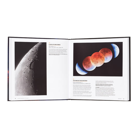 An open hardcover book showing two printed pages with a large moon photograph on the left page and a sequence of red blood moons on the right page, photographed on a white background.