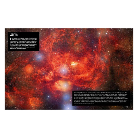 A book page featuring a vivid space nebula scene in red, orange, and black, with two black text boxes containing descriptive copy. 