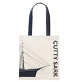 Cream tote with a blue handle and Cutty Sark design.