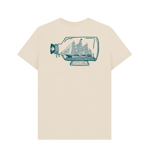Beige t-shirt with a graphic of a ship in a bottle and 'Cutty Sark' text 