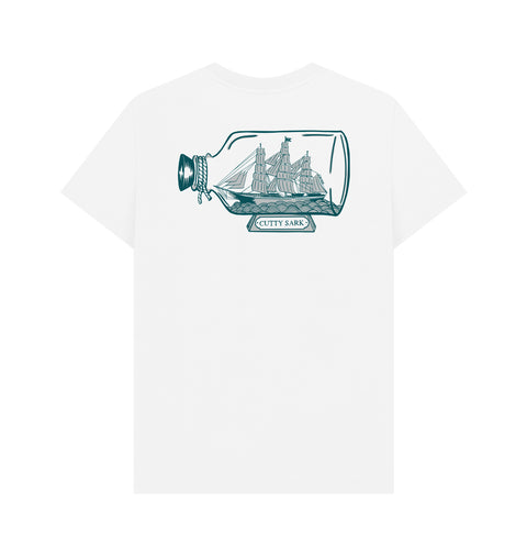 White t-shirt with a graphic of a Cutty Sark ship in botte printed n the back