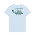 Light blue t-shirt with a ship in a bottle graphic printed on the back