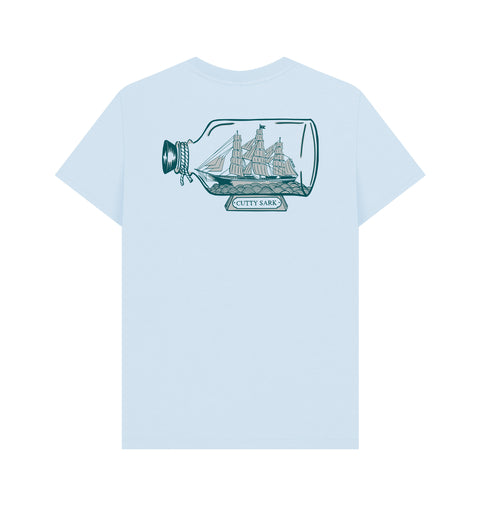 Light blue t-shirt with a ship in a bottle graphic printed on the back