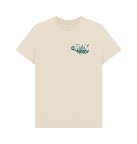 Beige t-shirt with a graphic of a bottle containing cutty sark ship 