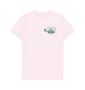 Pink t-shirt with a graphic of a bottle and ship on a white background