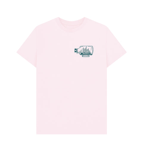 Pink t-shirt with a graphic of a bottle and ship on a white background