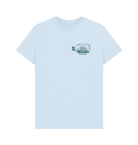 Light blue t-shirt with a small Cutty Sark ship in bottle graphic on the chest