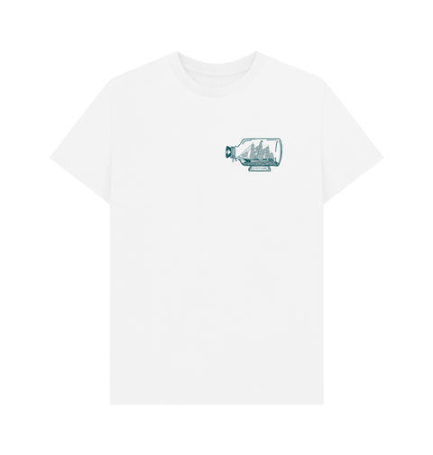 White t-shirt with a small graphic on the chest of Cutty Sark ship in a bottle