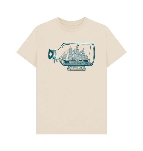 Beige t-shirt with a graphic of a ship in a bottle and 'Cutty Sark' text on a white background