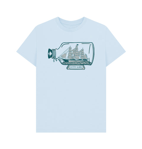 Light blue t-shirt with a ship in a bottle graphic and 'Cutty Sark' text on a white background