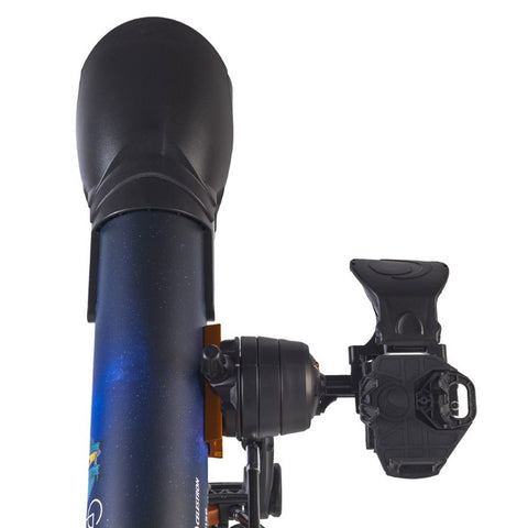 Close-up of black and blue telescope with Celestron and Royal Observatory Greenwich logos.