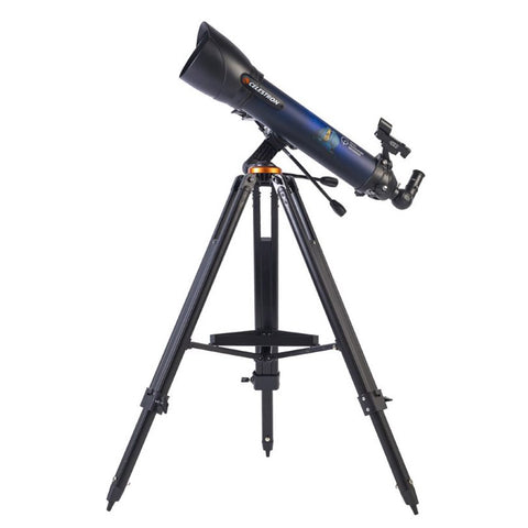 Black and blue telescope with Celestron and Royal Observatory Greenwich logos on a tripod.