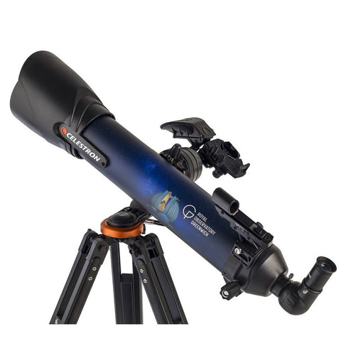 Black and blue telescope with Celestron and Royal Observatory Greenwich logos.