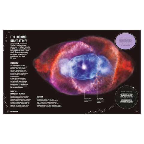 Starry Night Education pages with a colourful nebula image and explanatory text on a black background.