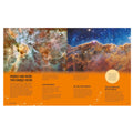 Space telescope image with 'Hubble and Webb' views and text on an orange background