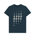 Denim Blue cotton t-shirt with white moon phase print and 'Royal Museums Greenwich' logo.