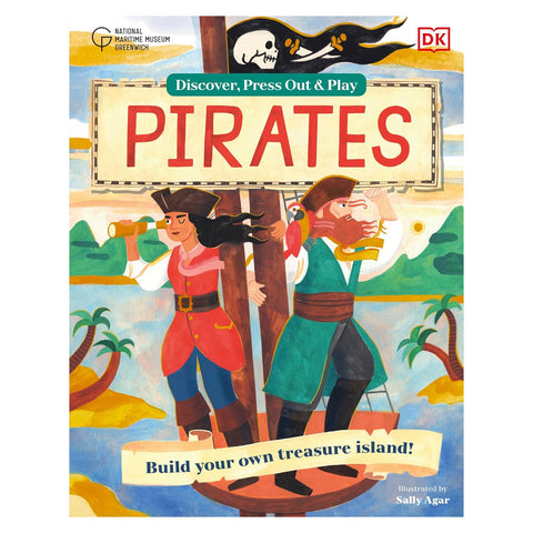 Book cover of 'Discover, Press Out & Play Pirates' with two pirates on a treasure island.