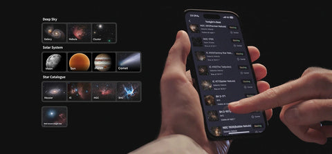 Hands holding smartphone using Seestar S30 astrophotography application showing different universe phenomena