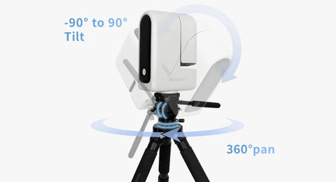 Seestar S30 astrophotography telescope on tripod against white background with arrows demonstrating 90 degree tilt and 360 degree pan capabilities