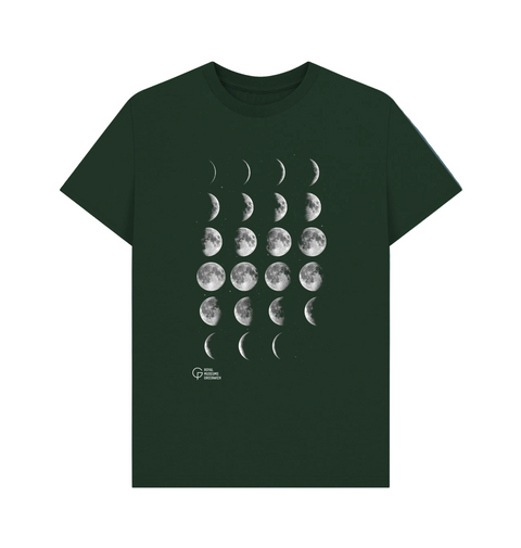 Evergreen t-shirt with white moon phase print design and 'Royal Museums Greenwich' logo.