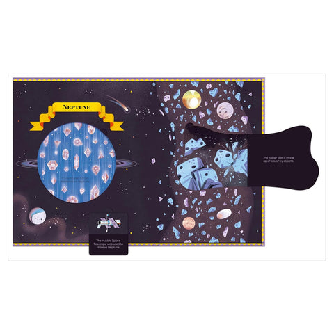 Illustrated lift-the-flap book pages with space-themed illustrations.