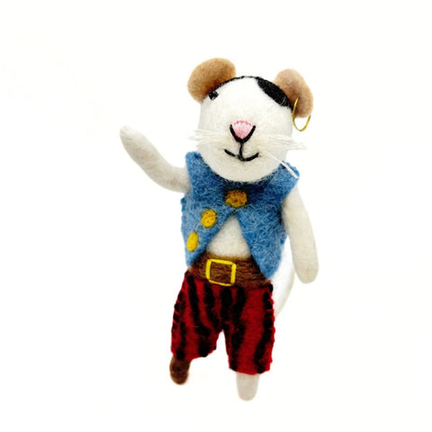 tree decoration of a pirate mouse in a blue waistcoat and red trousers 