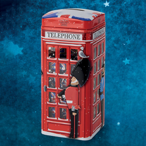 A red London telephone booth-shaped product with illustrated guard figures, windows, and a small bird, shown against a blue starry background.
