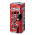A red London telephone booth-shaped money bank with printed illustrations of a guard, a pigeon, and a Union Jack design on the top, shown on a plain white background.