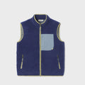 A sleeveless fleece vest in navy blue with light blue contrast panels on the chest and zipper trim.