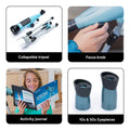 GeoSafari Starview Telescope product features: collapsible tripod, a child's hand working the focus knob, a child reading an activity journal and two telescope eyepieces 10x and 50x magnification.