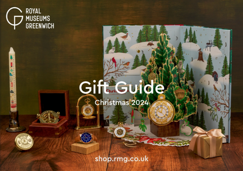 Royal Museums Greenwich 2024 Gift Guide showing a range of time theme products. From left to right: London themed advent candle, 50 Year Brass Calendar, Dollond Quarter Size Sundial, The Camden Watch Company Special Edition GMT Watch Greenwich Edition, Royal Observatory Greenwich John Harrison's H4-Inspired Gold Pocket Watch, Golden Pocket Watch, A Christmas Pop-Up Advent Calendar, Pocket Watch Embroidered Christmas Tree Decoration